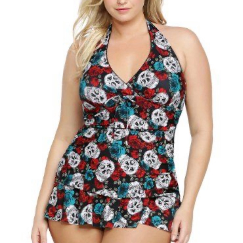 Torrid | rare black skull roses swim top 2X